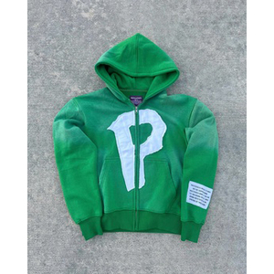 Sudadera con capucha con cremallera, personalizada por el fabricante, con parches de logotipo bordados, de gran tamaño, de alta calidad, estilo vintage, con lavado ácido y efecto desgastado por el sol. - Product Image 1