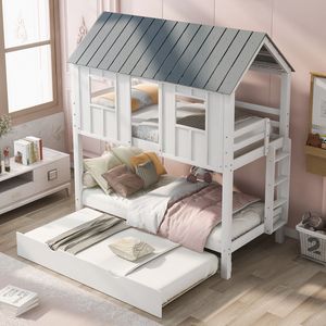 Cama litera doble blanca y gris con techo y ventanas, con cama nido extraíble - Camas infantiles (SKU ANTIGUO GX000705AAK 1) - Product Image 1