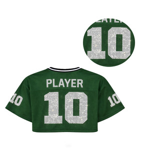 เสื้อเจอร์ซีย์อเมริกันฟุตบอลสีเขียวประดับคริสตัลแบบกำหนดเองสำหรับผู้หญิง เสื้อครอปตาข่ายคอวีพร้อมหมายเลข เสื้อทีมฟุตบอล ผู้ผลิต OEM - Product Image 4