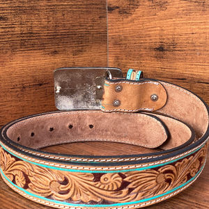 Nuevo cinturón occidental de cuero mecanizado a mano personalizado con hebilla de cuero, cinturón de cuero genuino de grano completo con ribete turquesa para mujer - Product Image 3