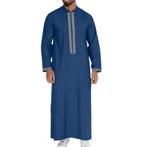 Medium Blue Lace Embroidered <b>Thobe</b> Natural Cotton Breathable Finish Sophisticated Traditional Premium Tailored Design <b>Men</b> Thobes - Product Image 2