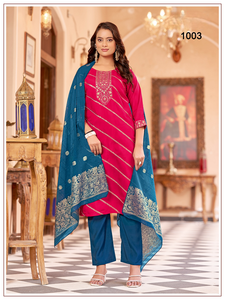 Conjunto de 3 piezas de Kurti, pantalón y dupatta de diseñador con bordado pesado, Kurti de seda disponible a precio de mayoreo. - Product Image 2