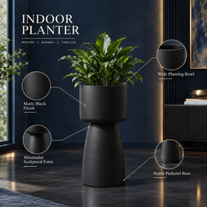 Macetero Metálico Negro Mate para Interiores con Base de Pedestal |   Maceta Moderna Alta para Decoración de Sala de Estar, Hotel, Oficina, Hogar y Jardín - Product Image 4