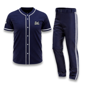 Custom Baseball Uniform Men's Short Sleeve Jersey and Pants Set Navy Blue Embroidered Logo <b>Moisture</b> Wicking Polyester - Product Image 1