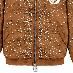 Sweat-shirt à capuche marron châtain perlé avec fermeture éclair intégrale, orné de cristaux, style streetwear tendance, à manches longues et fermeture avant - Product Image 5