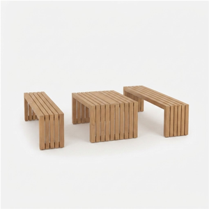 Ensemble table et banc d'extérieur en teck naturel, mobilier de jardin pour terrasse, table à manger, table basse pour hôtel, café, restaurant, usage professionnel - Product Image 1