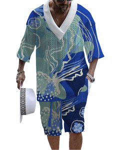 Conjunto de dos piezas para hombre, cuello en V, camiseta de manga corta estampada y pantalones cortos, ropa informal transpirable, estampado floral azul - Product Image 1