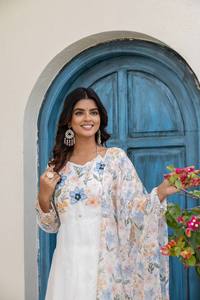 Premium tb organza gown set with digital print hand work fancy neck full sleeve flair plazo dupatta festive ethnic wear set - Product Image 5