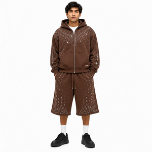 Trendy Men's Brown Rhinestone Tracksuit Set 2PC <b>Full</b> <b>Zip</b> <b>Hoodie</b> Knee Length Shorts Cotton Fleece High Street Custom Logo - Product Image 1