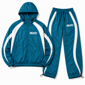Ensemble survêtement coupe-vent à capuche pour homme, bleu turquoise et blanc, veste légère en nylon, pantalon de jogging, streetwear, vêtements de sport, deux pièces - Product Image 4