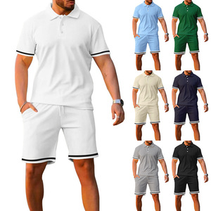Men's Summer Sportswear Formal <b>Knitted</b> Short Sleeve Shorts Two-Piece <b>Set</b> Cotton Polyester Blend Comfortable Breathable Leisure - Product Image 1