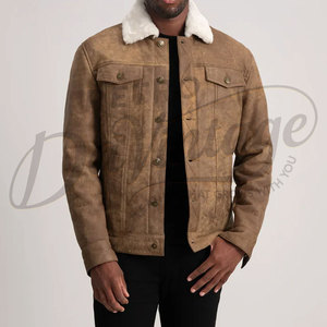 Chaqueta de Cuero Estilo Trucker para Hombre, Vintage, Desgastada, Color Bronceado, con Cuello de Sherpa Blanco, Abrigo de Cuero Casual para Invierno - Product Image 6