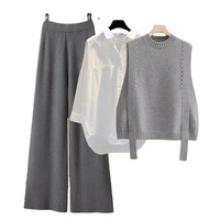 Automne hiver tricoté 3 pièces ensemble bureau dames élégant tricoté gilet + chemises blanches + pantalons à jambes larges ensembles pour femmes vêtements