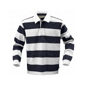 เสื้อโปโลรักบี้แขนยาวผู้ชาย สีขาว-น้ำเงินลายทาง ปกคอพับ ผ้าฝ้าย แขนยาว ทรงปกติ ใส่ได้ทุกฤดู - Product Image 1