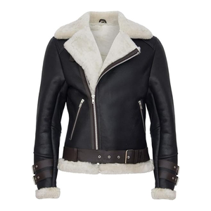 Women's Genuine Leather Shearling Moto <b>Jacket</b> With Fur Trim Zipper Closure Winter Windproof <b>Biker</b> Coat Full Sleeve Regular Fit - Product Image 2