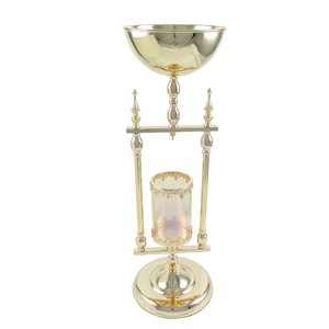 Support de centre de table de mariage de luxe doré, bol à fleurs en métal avec bougeoir en verre, élégant candélabre haut pour événement - Product Image 1