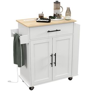 Carrello da Cucina Bianco con Prese Elettriche a Isola Girevole, Cassetti e Ante, Stoccaggio Versatile, Design Moderno, Portatile, in Legno - Product Image 1