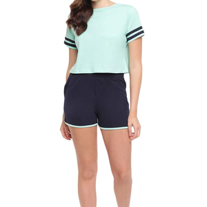 Sporty <b>2</b> <b>Piece</b> Shorts <b>Set</b> Solid Color Breathable Knitted Top With Side Stripe O-Neck Short Sleeve Above Knee Length Summer Wear - Product Image 1