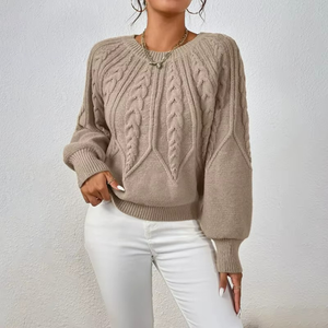 Suéter de Punto Trenzado de Color Sólido para Mujer, Cuello Redondo Vintage, Manga Larga, Puños Acanalados, para Atuendos Casuales Diarios - Product Image 2