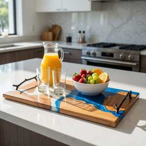 Elegant Handmade <b>Epoxy</b> Resin River Wood Serving Tray with Polished Metal Handles for Charcuterie, Cheese, <b>Coffee</b> & Tea Serving - Product Image 2