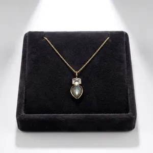 Natural Gemstone Labradorite Moonstone Fashion Pendant Necklace 18k Gold Plated Brass Anti Tarnish Shape Pear Rectangle Jewelry - Product Image 2