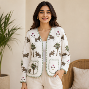Veste matelassée en coton BOHO9 pour femme BOHOBI, imprimé tigre et palmier, manches longues, légère, décontractée, pour l'hiver et l'automne, OEM ODM - Product Image 1