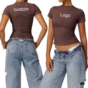 Camiseta Corta de Algodón Ajustada para Mujer, con Logotipo Personalizado, Estilo Casual Urbano Y2K, Top Corto Ajustado - Product Image 1
