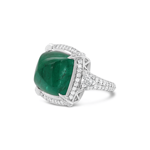 Anillo de Oro Blanco Sólido de 18k con Corte Trillian Redondo Natural de 0.80ct, Diamantes de 0.45ct y Esmeralda Zambiana Sugarloaf de 13.76ct, Anillo de Boda - Product Image 6