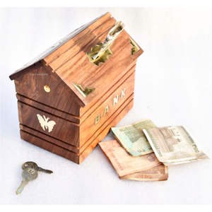 Handmade Wooden House <b>Money</b> Box with Brass Inlay | Antique Decorative Piggy Bank for Adults & Kids | Secure Lockable Savings <b>Pot</b> - Product Image 1