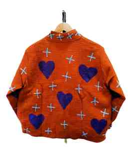 Chaqueta Bomber Unisex de Algodón Color Naranja Quemado, Bordado a Mano con Aplique de Corazón Morado, Cuello Alto Floral, Estilo Boho Tejido, para Verano - Product Image 6