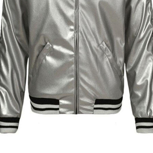 Custom Metallic <b>Silver</b> Satin <b>Jacket</b> Shiny Lightweight <b>Jacket</b> with Zipper Closure Striped Ribbed Collar Cuffs Outerwear OEM - Product Image 3