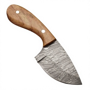Cuchillo de caza hecho a mano de acero de Damasco con hoja de punta caída y filo recto, mango de madera de olivo, funda de cuero, personalizable OEM - Product Image 1