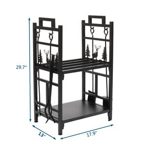 Support de rangement moderne pour bûches à 2 niveaux avec porte-bûches et support pour 4 outils, pour ensembles de cheminées extérieures et accessoires - Product Image 6