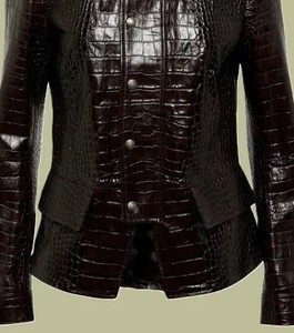 Chaqueta Bomber de Cuero Genuino con Estampado de Cocodrilo para Mujer, Cierre de Cremallera, Impermeable, Casual, Otoño Invierno, Personalizable - Product Image 1