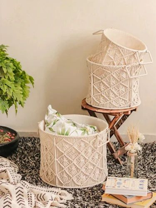 Round Set of 3 Macramé Boho Laundry <b>Baskets</b> with Handles Handmade Cotton Rope <b>Storage</b> <b>Basket</b> <b>for</b> Home Décor & Organizer - Product Image 6