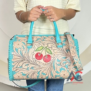 Wholesale Price Premium Turquoise <b>Tooled</b> <b>Leather</b> Cherry Duffel Bags Large Capacity New Fashion Overnight Weekender Luggage Bags - Product Image 1