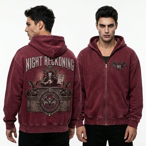 Custom Maroon Acid Wash Zip Hoodie Men Night Reckoning Vampire Graphic Oversized Streetwear Heavyweight Fleece Zip Up Hoody Top - Product Image 1