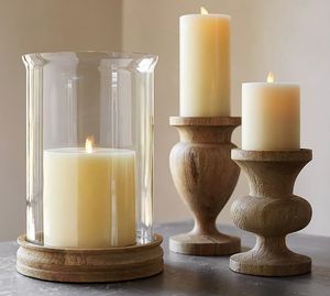 Porte-bougie hurricane blanc rustique moderne avec base en bois et abat-jour en verre transparent, accent décoratif pour la maison - Product Image 6