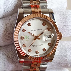 36mm Two-Tone Stainless Steel <b>Watch</b> Silver Sunray <b>Diamond</b> Hour Markers Fluted Bezel Limited Edition Business Modern 12mm Coin - Product Image 1