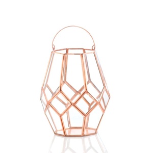 Modern Geometric <b>Copper</b> Metal <b>Lantern</b> With Glass Panels Tabletop Home Decor For Living Room Interior Design - Product Image 1