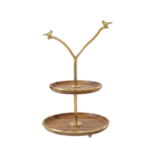 Soporte para pasteles ecológico de 2 niveles, redondo, de madera de acacia, con asa de metal dorado, bandeja de madera para servir postres y torre de exhibición para cupcakes - Product Image 3