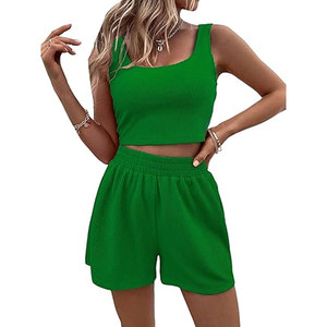 Unisex 2 Piece Ribbed Sleeveless Regular Top High Waist Shorts Set Solid <b>Black</b> Casual 100% Cotton Eco-Friendly Streetwear Spring - Product Image 2