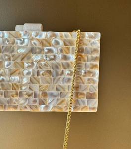 Bolso de mano de nácar vintage antiguo para boda, tipo sobre, bandolera, de aluminio chapado en oro pulido, blanco beige - Product Image 6