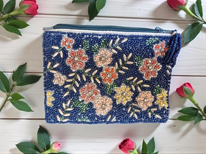 Pochette rectangulaire artisanale bleue à fleurs perlées, brodée, avec fermeture éclair, porte-monnaie et chaîne amovible, légère, pour mariage - Product Image 3