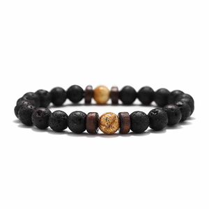 Vintage Natural Stone Bead Bracelet with Wooden Spacers, Lava Rock Elastic Bracelet for Men, Everyday Wear - Product Image 6