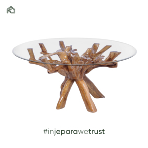 Table à manger contemporaine en racine de teck antique, plateau en verre trempé de 120 cm, finition naturelle brossée, écologique, unique, pour salon - Product Image 1