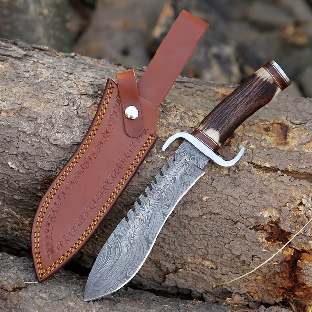 Wholesale OEM/ODM DIY Customized Handmade Damascus Steel Hunting Bowie Knives Clip Point Horn Handle 13" Leather Sheath 55-58HRC