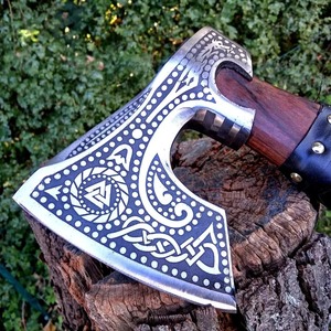 Hacha Ancha Estilo Vikingo, Hoja de Acero Forjado, Mango de Madera, Cabeza Barbuda, Herramienta para Talar Árboles - Product Image 2