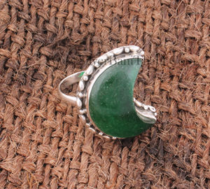 Anillo de Jade Verde Natural Vintage, Media Luna, Plata de Ley 925, Joyería de Luna Creciente, Borde Punteado, Anillo Retro con Piedras Preciosas para Mujer - Product Image 5