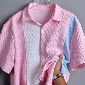 OEM 2026 Men's Color Block <b>Patchwork</b> Cable Knit Short Sleeve <b>Shirt</b> Lapel Collar Button Down Textured Casual Summer <b>Shirts</b> - Product Image 3